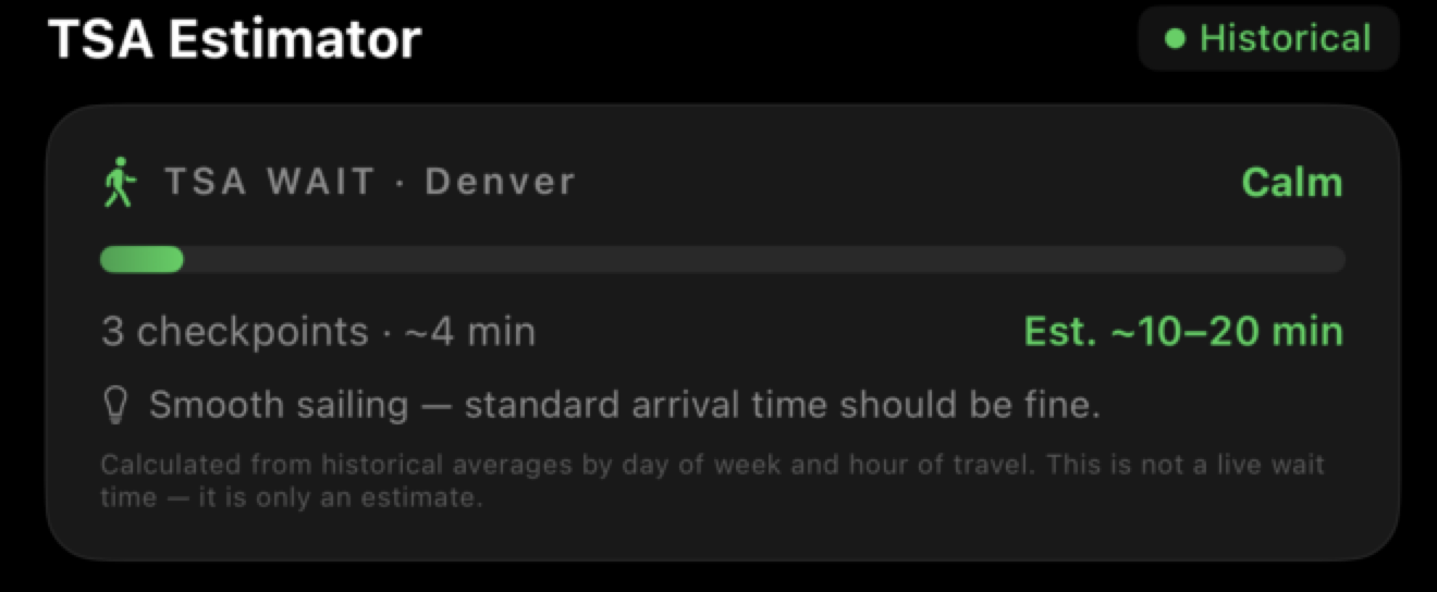 TSA Wait Estimator prediction screen