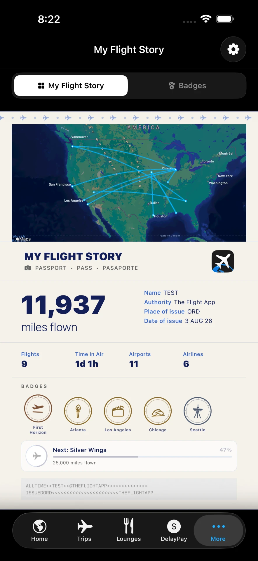 My Flight Story passport with miles flown, airports, and badges