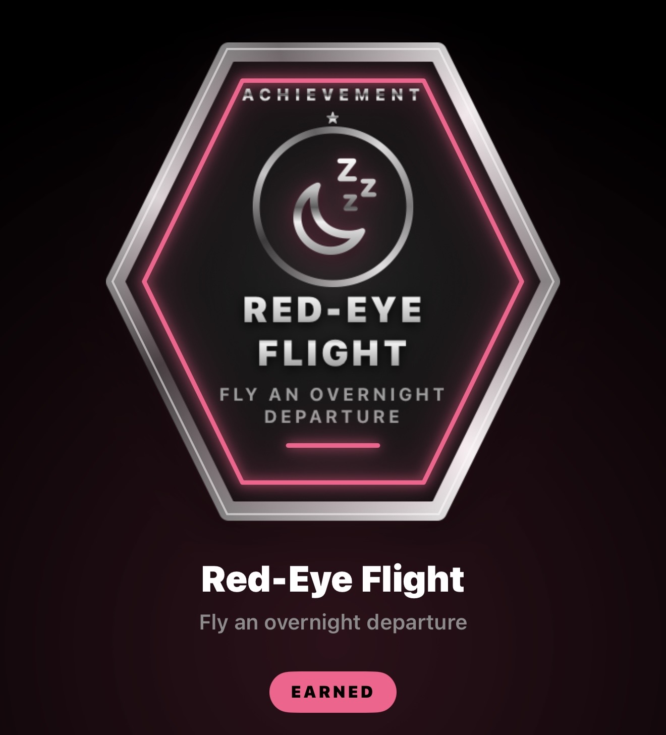 Red-Eye Flight achievement badge — fly an overnight departure