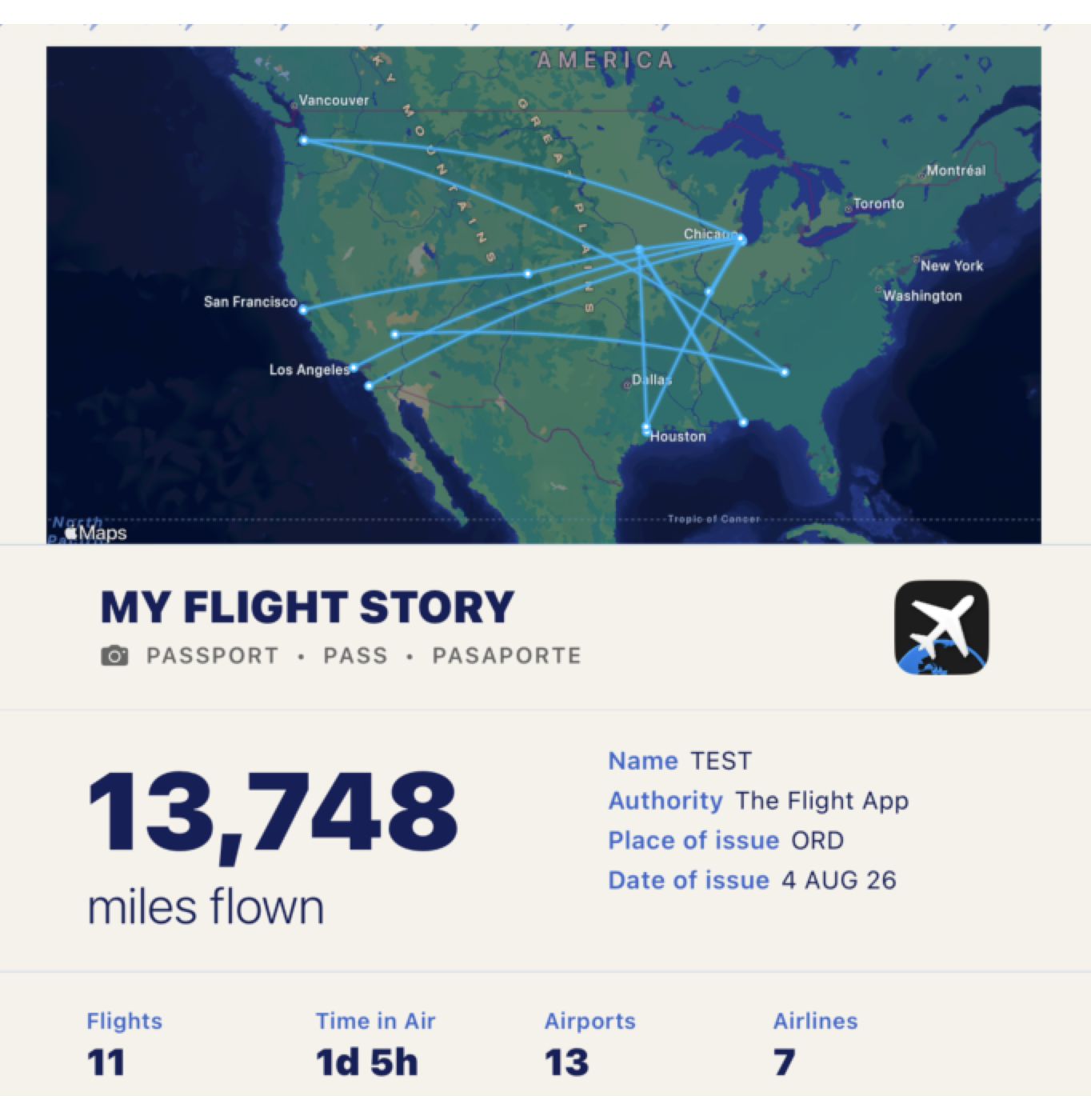 Flight Story showing miles flown, airports visited, and travel stats