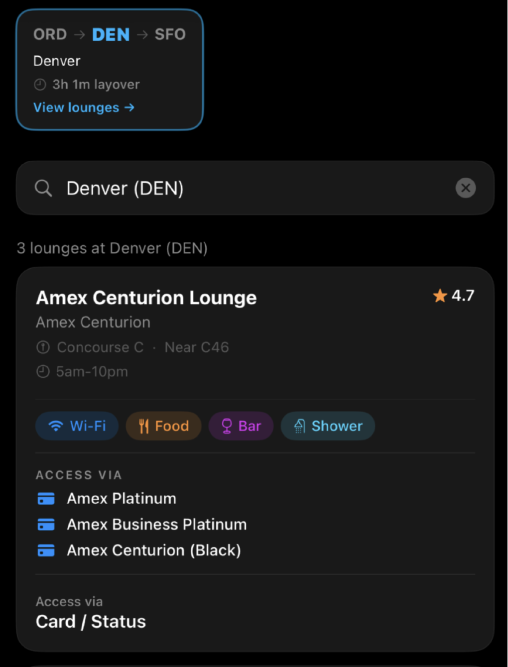 Lounge Finder showing Denver layover lounges and access options